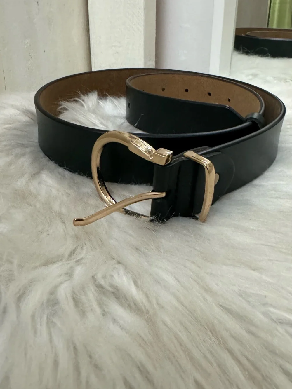 Dark Olive Leather Belt with Gold Heart Buckle - Women Accessories